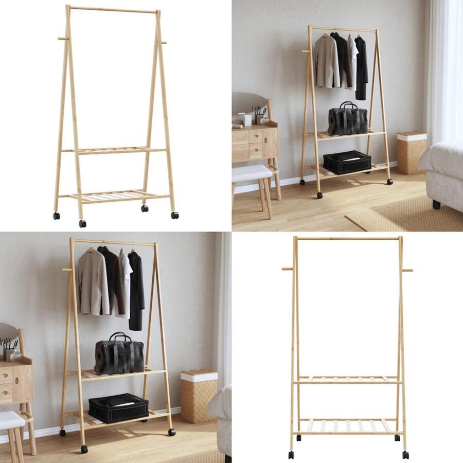 VidaXL Kledingrek met schappen en wielen 96x45 5x155 5 cm bamboe Kledingrek Kledingrekken Kapstok Kleerhangerrek
