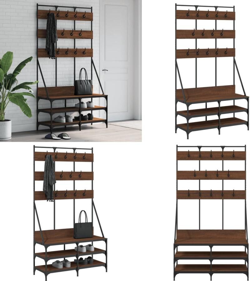 The Living Store Kapstok Bruineiken Houten constructie 100 x 40 x 184 cm Veel opbergruimte Trendy en compact Kledingrek Kapstok Houten Kapstok Vintage Kapstok Garderobe - Foto 2