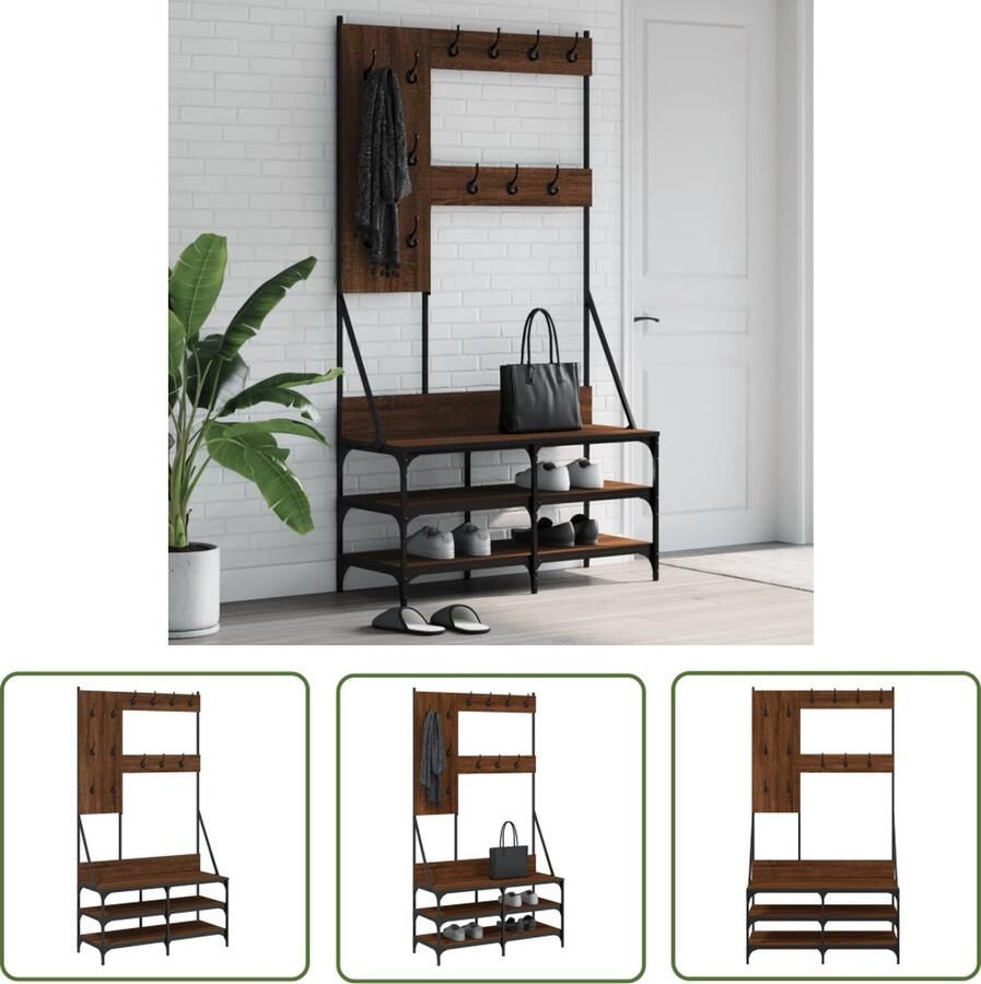 The Living Store Kapstok Bruineiken Houten constructie 100 x 40 x 184 cm Veel opbergruimte Trendy en compact Kledingrek Kapstok Houten Kapstok Vintage Kapstok Garderobe - Foto 3