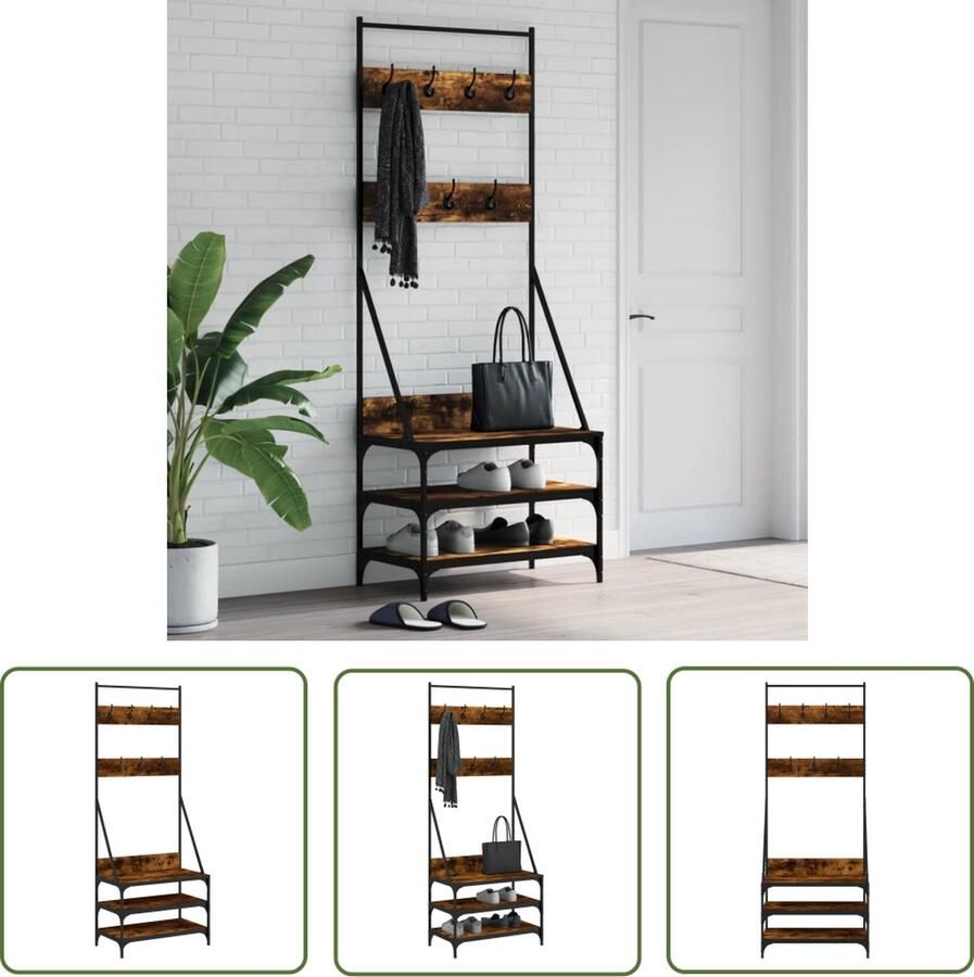 The Living Store Kledingrek met schoenenrek 70x40x184 cm gerookt eikenkleurig Kledingrek Kapstok Jassenrek Garderobe Houten Kledingrek