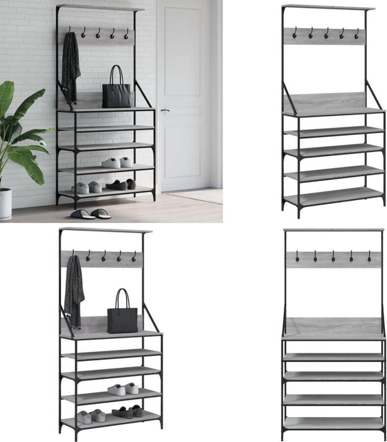 VidaXL Kledingrek met schoenenrek 90x34x184 cm grijs sonoma eikenkleur Kledingrek Kledingrekken Kapstok Jassenrek