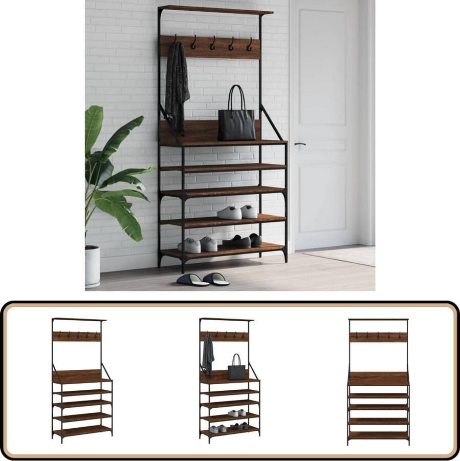 VidaXL Kledingrek met schoenenrek Bruin eiken 90x34x184 cm Kledingrek Kapstok Vrijstaande Kapstok Houten Kapstok Bruine Eiken Meubels