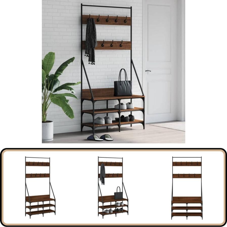 VidaXL Kledingrek met schoenenrek Bruineiken 90x34x184 cm Kledingrek Kapstok Jassenrek Kastoplossing Houten Kapstok - Foto 2