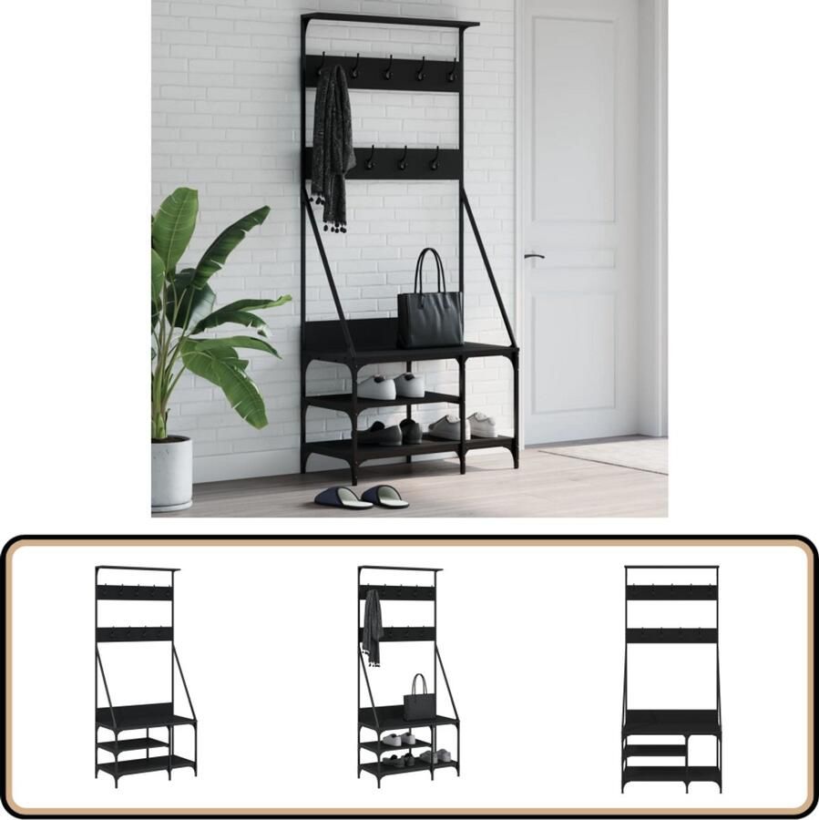 VidaXL Kledingrek met schoenenrek Zwart 80x40x184 cm Kledingrek Kapstok Zwarte Kapstok Houten Kapstok Metalen Kapstok