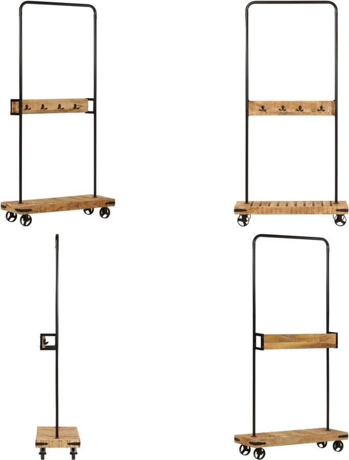 VidaXL Kledingrek met wieltjes 90x35x190 cm massief mangohout en ijzer Kledingrek Kledingrekken Kapstok Jassenrek