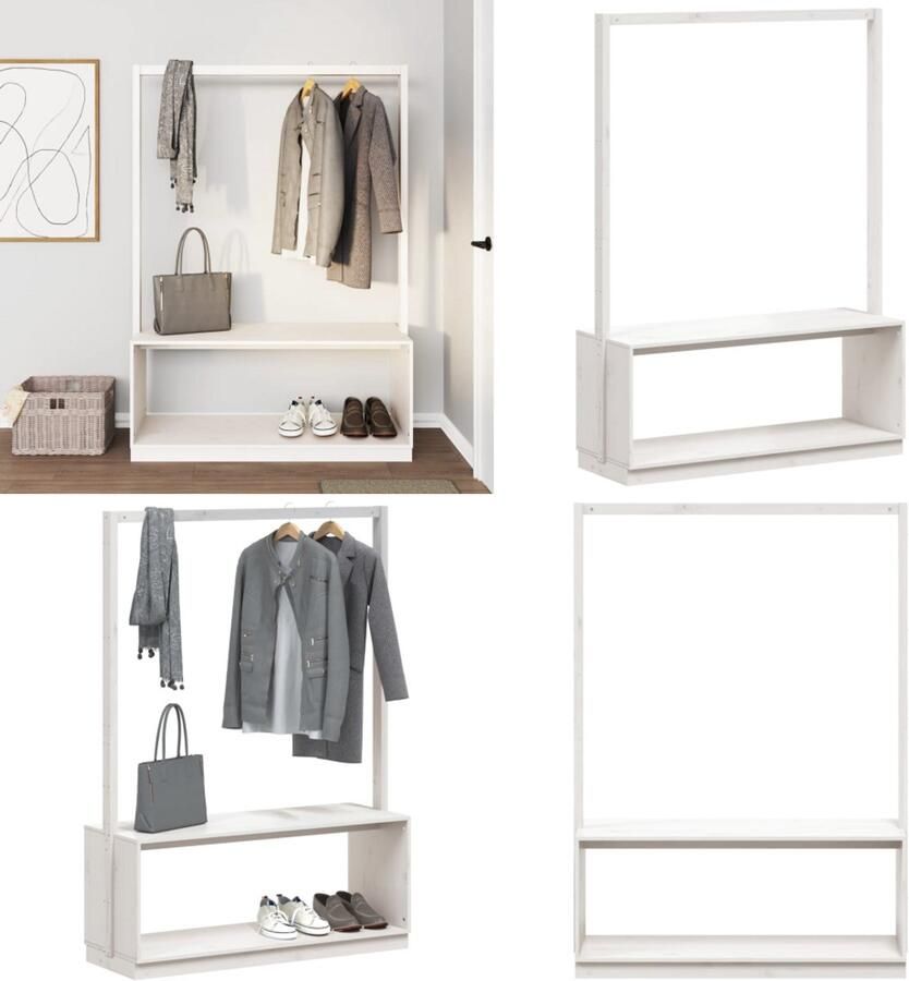 VidaXL Kledingrek schoenenkast 113x40x157 5 cm massief grenenhout wit Kledingrek Kledingrekken Kapstok Jassenrek