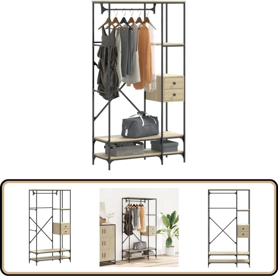 The Living Store Kledingrek met schappen bewerkt hout sonoma eikenkleurig Kledingkast Kapstok Houten Kapstok Freestanding Kapstok Garderobe
