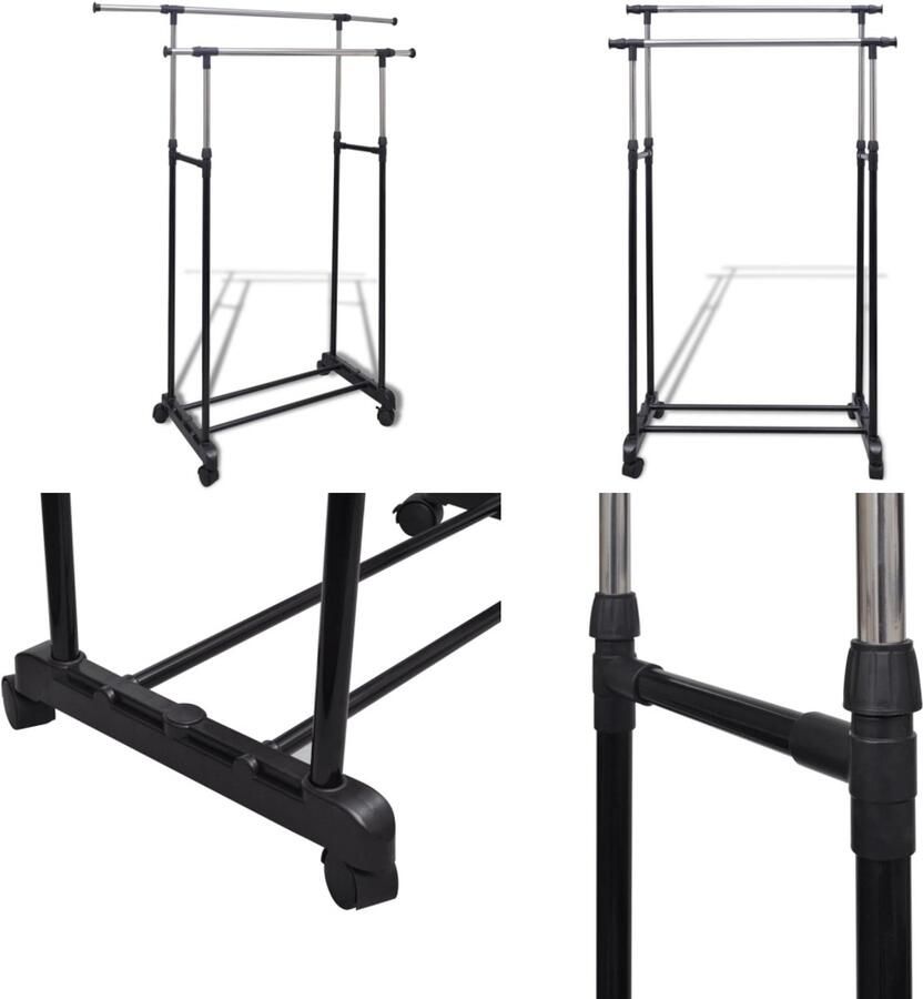 VidaXL Kledingrek verstelbaar met 4 wieltjes en 2 ophangrails Kledingrek Kledingrekken Kledinghouder Kledinghouders
