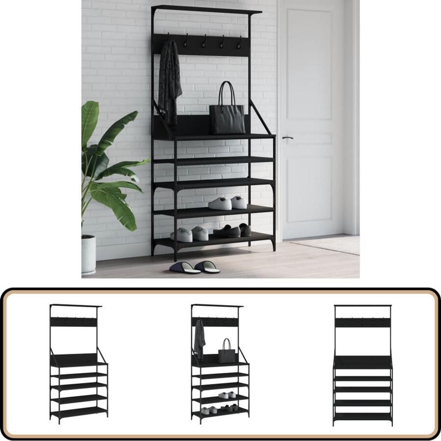 VidaXL Kledingrek Zwart Met schoenenrek 90x34x184 cm Kapstok Kledingrek Zwarte Kapstok Houten Kapstok Garderobe Entreehal Meubilair Organisatie Thuis Opslagoplossing Slimme Opbergmogelijkheden