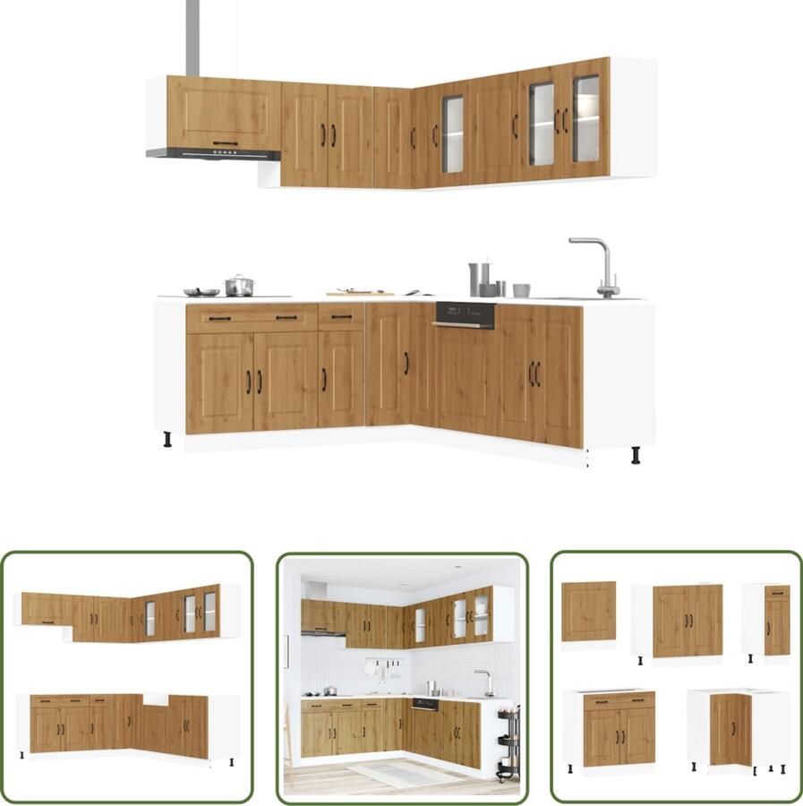 VidaXL 11-delige Keukenkastenset Kalmar bewerkt hout artisanaal eiken Dynamische Sleutel Klikmechanisme Draaibare Kop Gereedschap Set Gereedschapswagen
