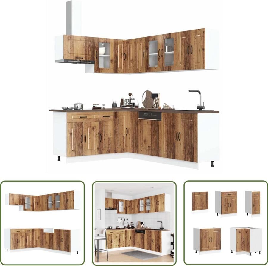 The Living Store 11-delige Keukenkastenset Kalmar bewerkt hout oud houtkleurig Keuken Kast Houten Keuken Keukenopstelling Keukenmeubels Kookeiland