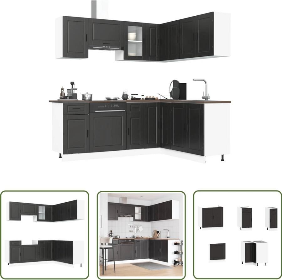 VidaXL 11-delige Keukenkastenset Porto bewerkt hout zwart Dynamische Sleutel Klikmechanisme Gereedschap Drapers Tools Sleutelsysteem