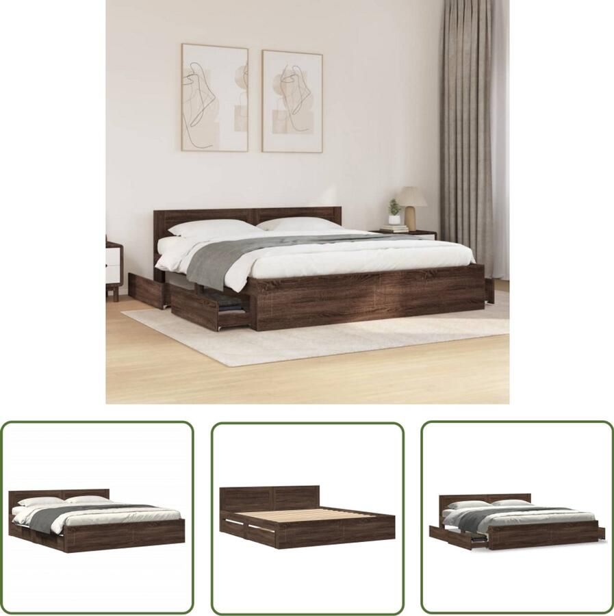 VidaXL Bedframe met hoofdeinde bewerkt hout bruineikenkleur 180x200 cm Dynammometer Sleutel Klikmechanisme Gereedschapset Drapers Tools Koppelmoment
