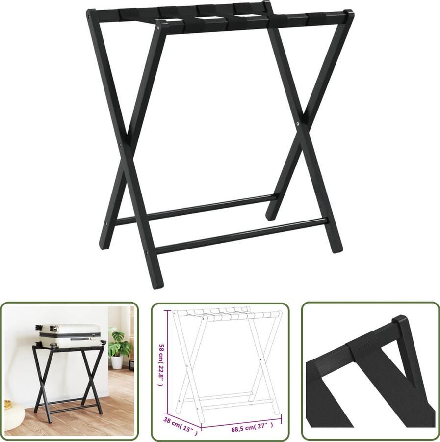 The Living Store Bagagerek Bamboe Koffer standaard 68.5x38x58cm Inklapbaar Bamboe Bagagerak Koffervleugel Inklapbaar Bagagerak Zwart Bagagerak Voor Reizen