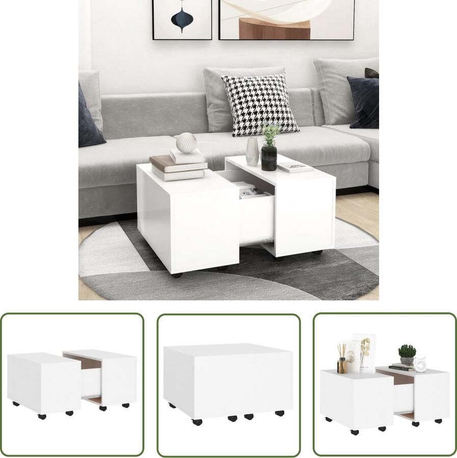 The Living Store Salontafel Spaanplaat 60x60x38 cm Met verlengfunctie Wit Salontafel Koffietafel Houten Salontafel Witte Salontafel Uitbreidbare Salontafel - Foto 2