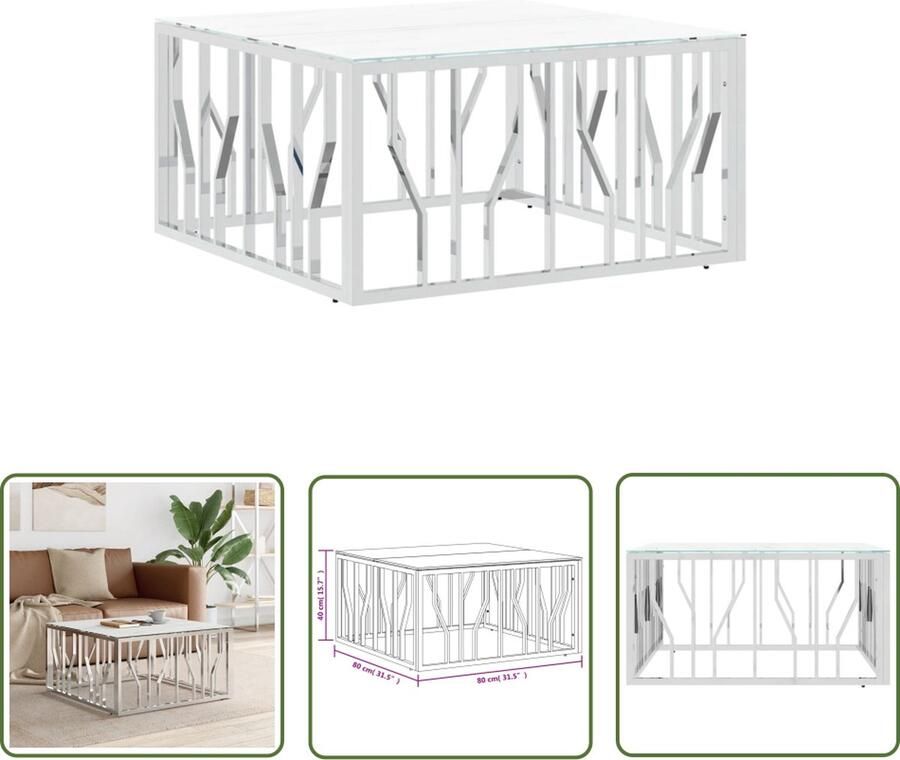 The Living Store Salontafel 80x80x40 cm roestvrij staal en glas zilverkleurig Salontafel Vierkante Salontafel Marmeren Look Stalen Salontafel Zwarte Salontafel - Foto 2
