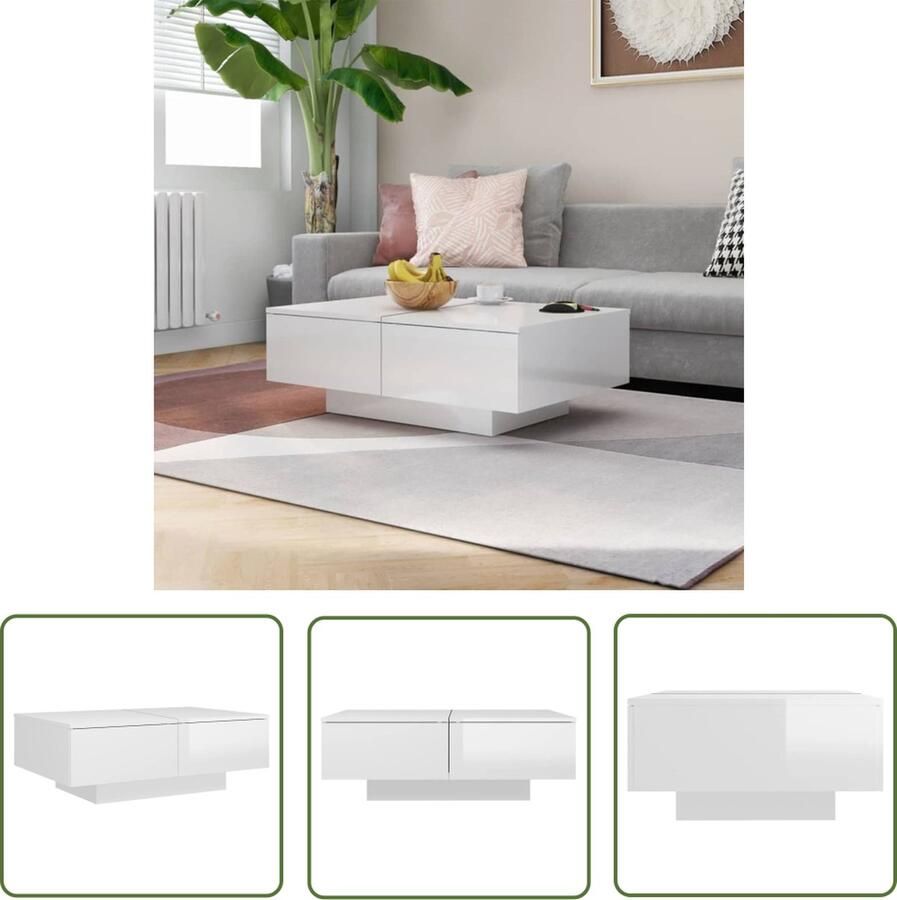 The Living Store Salontafel Hoogglans wit 90 x 60 x 31 cm spaanplaat Montage vereist Salontafel Koffietafel Witte Salontafel Houten Salontafel 90x60 - Foto 2