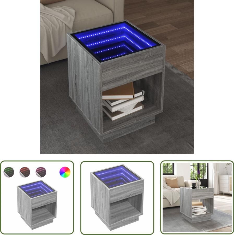 VidaXL Salontafel met Infinity LED 40x40x50 cm grijs sonoma eikenkleur Salontafel Koffietafel Led Tafellamp Infinity Mirror Houten Tafel