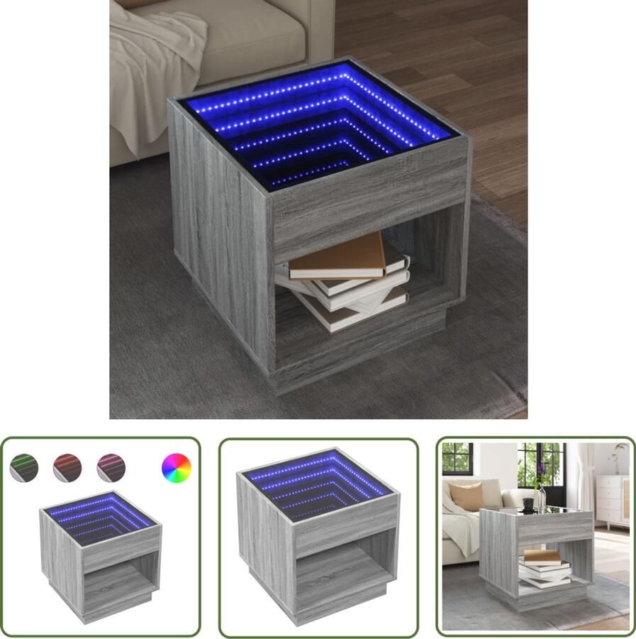 VidaXL Salontafel met Infinity LED 50x50x50 cm grijs sonoma eikenkleur Salontafel Koffietafel Led Tafellamp Infinity Mirror Houten Tafel