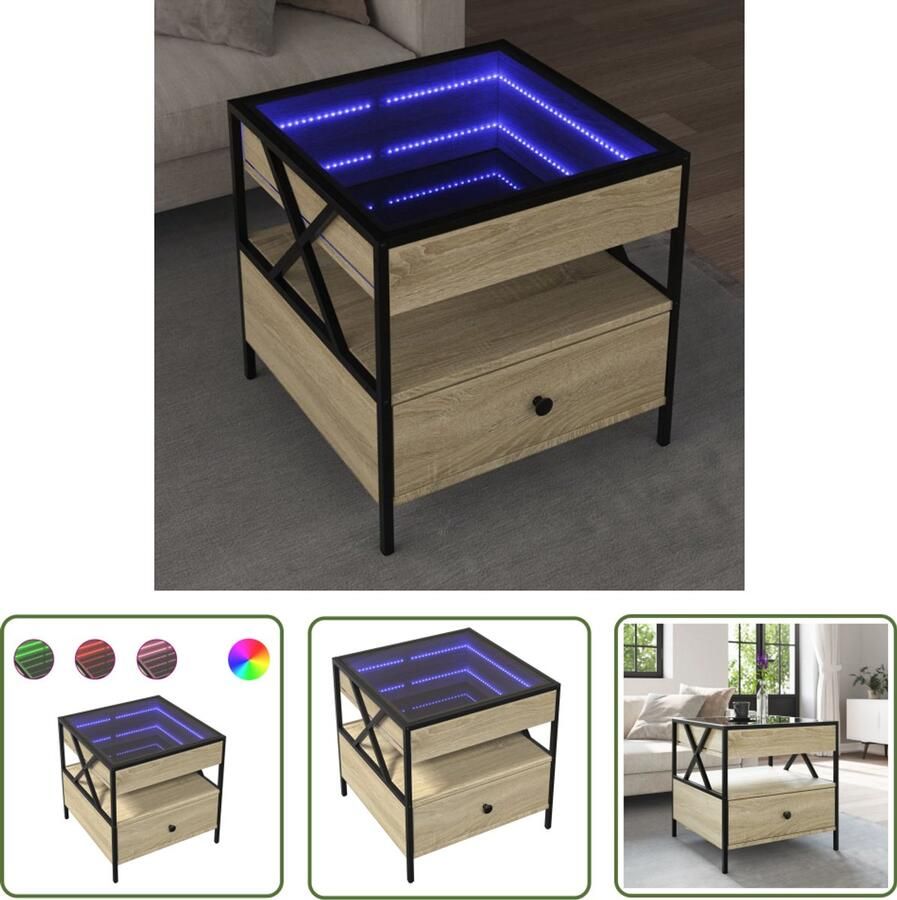 VidaXL Salontafel met Infinity LED 50x50x51 cm sonoma eikenkleurig Salontafel Koffietafel Led Tafellamp Infinity Mirror RGB Licht