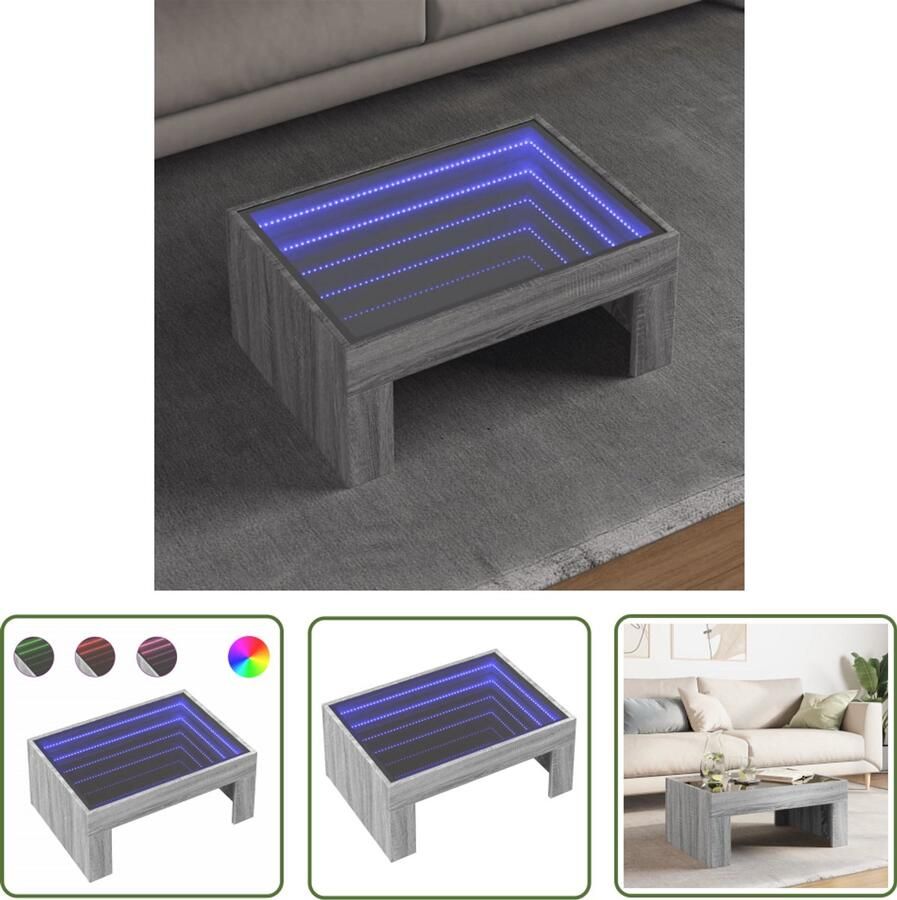 VidaXL Salontafel met Infinity LED 70x50x30 cm grijs sonoma eikenkleur Salontafel Koffietafel Led Tafellamp Infinity Mirror Houten Tafel