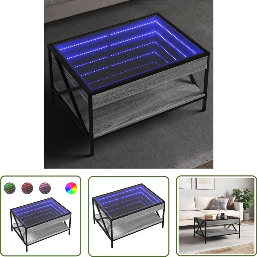 VidaXL Salontafel met Infinity LED 70x50x38 cm grijs sonoma eikenkleur Salontafel Koffietafel Led Tafellamp Infinity Mirror Houten Tafel