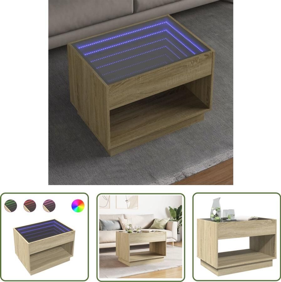 VidaXL Koffietafel Salontafel met Infinity LED 70x50x50 cm sonoma eikenkleurig Tv Tafellaar Led Lamp Infinity Mirror