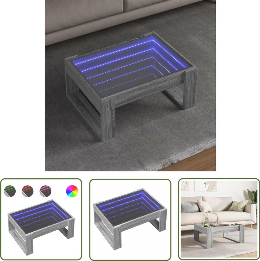 VidaXL Salontafel met Infinity LED 70x53x30 cm grijs sonoma eikenkleur Salontafel Koffietafel Led Tafellamp Infinity Mirror Houten Tafel