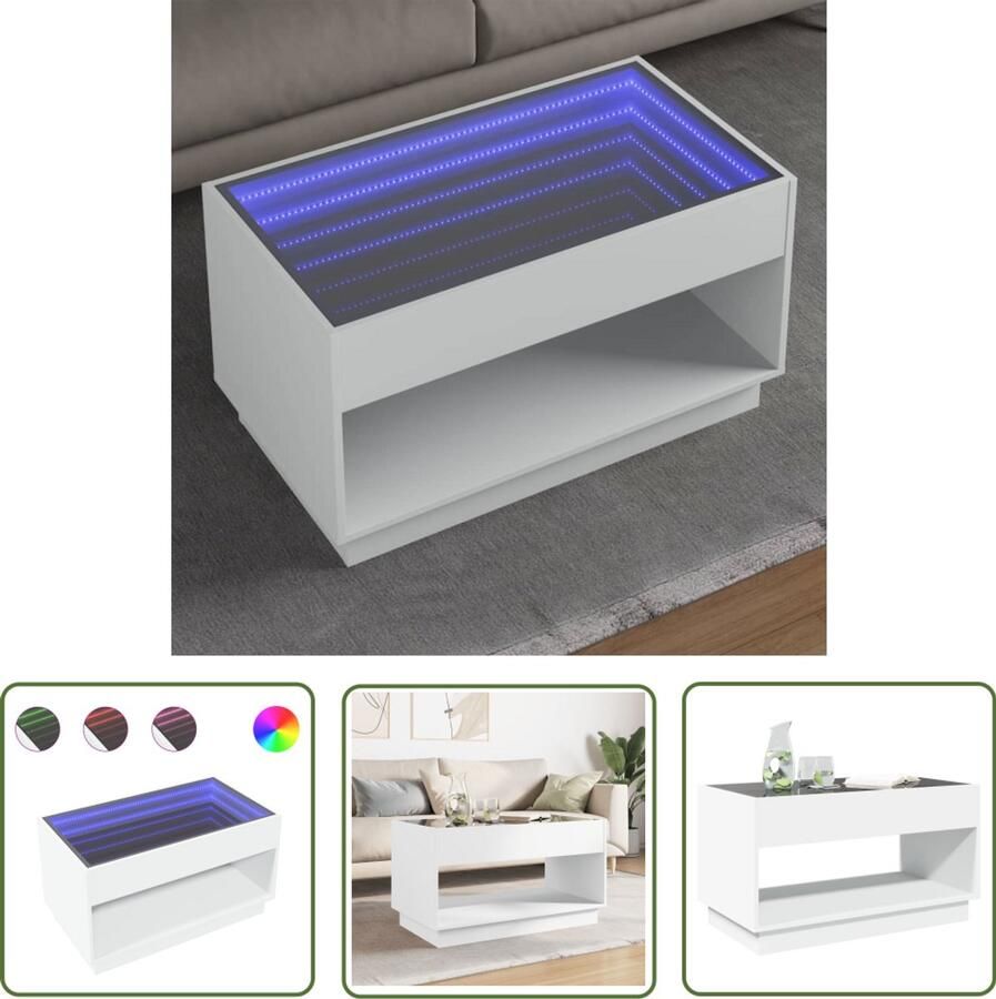 VidaXL Koffietafel Salontafel met Infinity LED 90x50x50 cm wit Led Tafellamp Infinity Mirror Houten Tafel