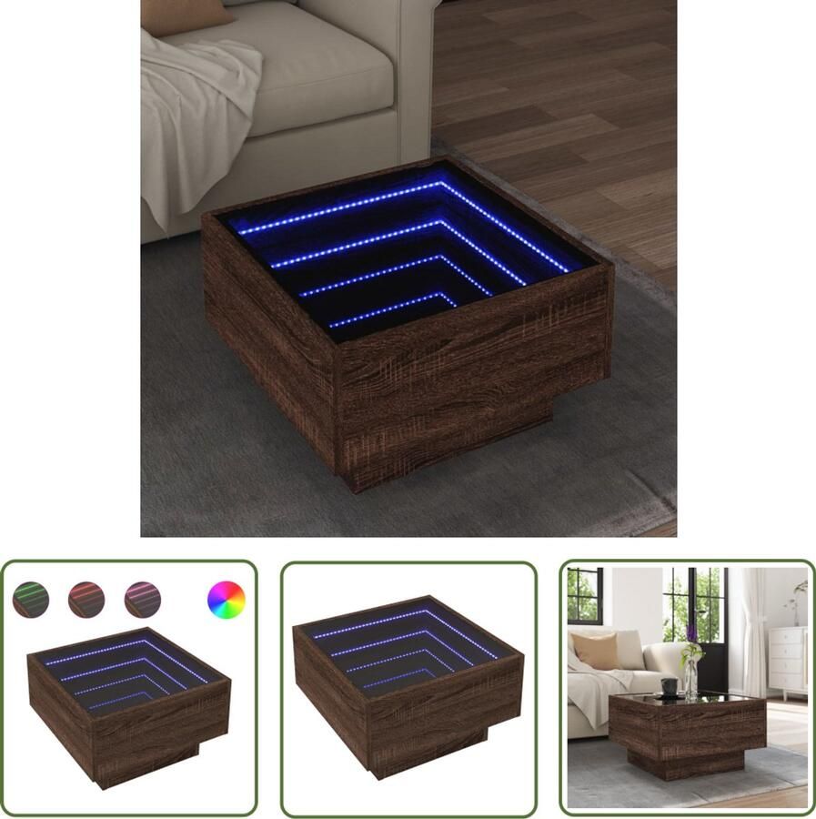 VidaXL Salontafel met LED 50x50x30 cm bewerkt hout bruin eikenkleurig Salontafel Koffietafel Led Tafellamp Houten Tafel Design Tafel