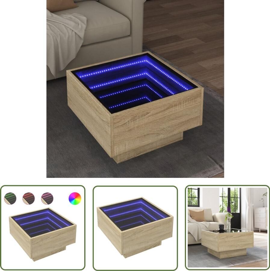 VidaXL Salontafel met LED 50x50x30 cm bewerkt hout sonoma eikenkleurig Salontafel Koffietafel Tv Tafellaar Led Lamp RGB Licht