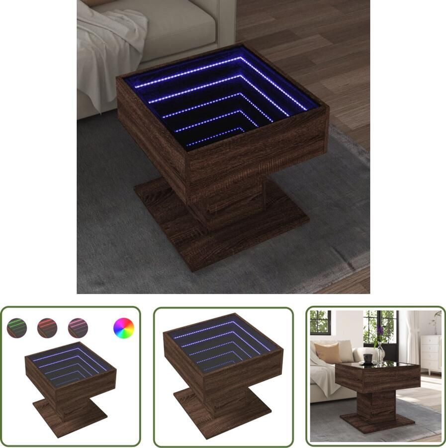 VidaXL Salontafel met LED 50x50x45 cm bewerkt hout bruin eikenkleurig Salontafel Koffietafel Led Tafellamp Houten Tafel Design Tafel