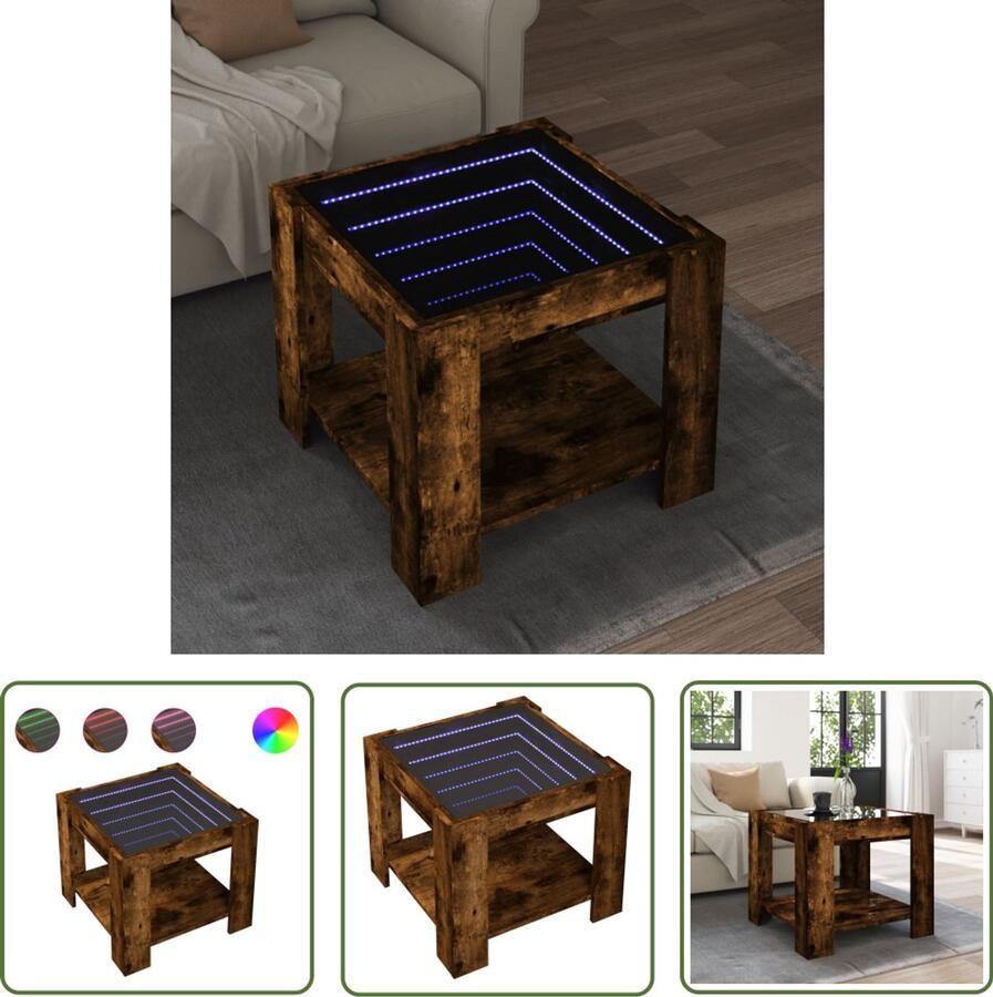 VidaXL Koffietafel Salontafel met LED 53x53x45 cm bewerkt hout gerookt eikenkleur Tv Tafellaar Houten Salontafel Led Salontafel