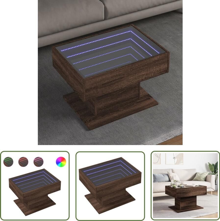 VidaXL Salontafel met LED 70x50x45 cm bewerkt hout bruin eikenkleurig Salontafel Koffietafel Led Tafellamp Houten Tafel Design Tafel