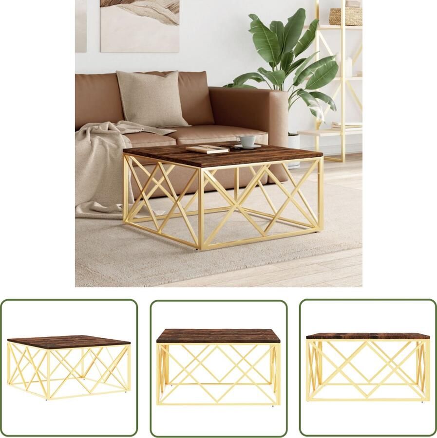 The Living Store Salontafel 80 x 80 x 40 cm Goud frame Roestvrij staal en massief hergebruikt hout Salontafel Koffietafel Houten Salontafel Gouden Salontafel Vintage Salontafel - Foto 2