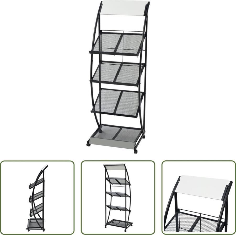 The Living Store Tijdschriftenrek Stalen Frame MDF 47x40x134cm 4 planken zwenkwielen Tijdschriftenrek Krantenrek Bladhouder Magazijnkast Metalen Kast