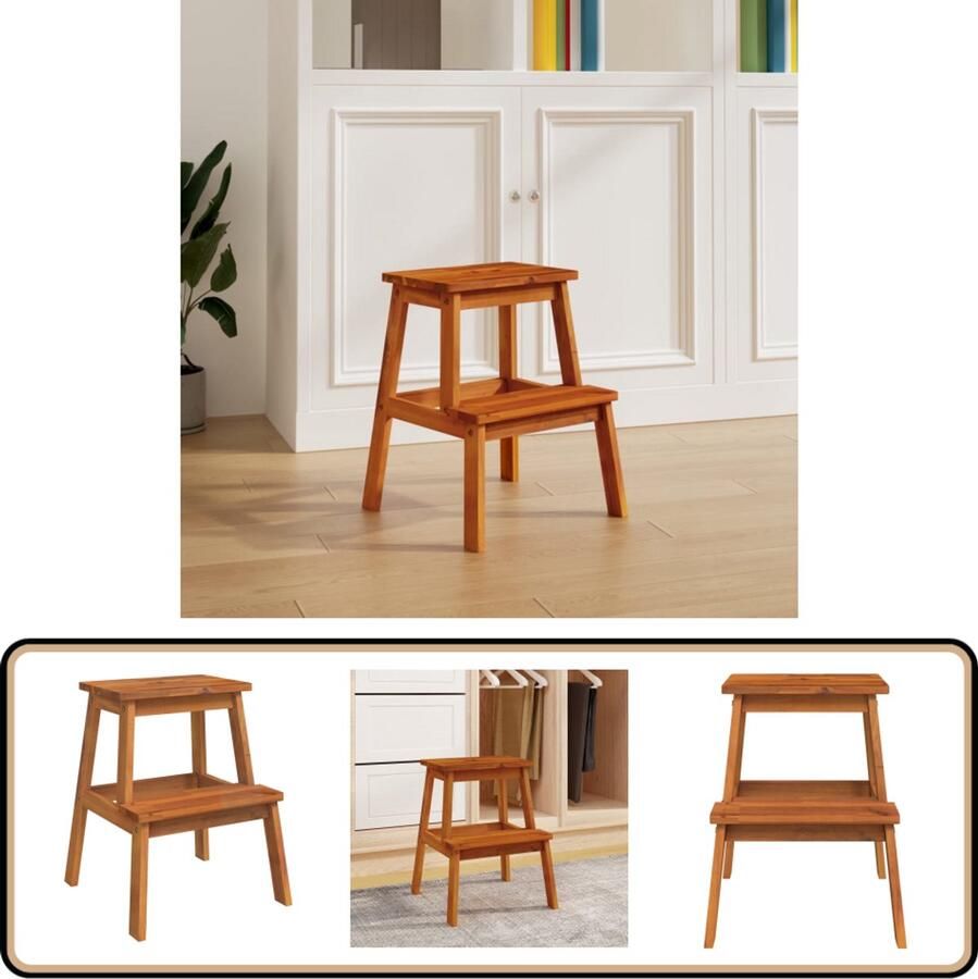 VidaXL Kruk 2-staps 40x38x50 cm Acaciahout Houten Kruk Opstapkruk Twee Trappen Kruk Acacia Hout Vintage Stijl