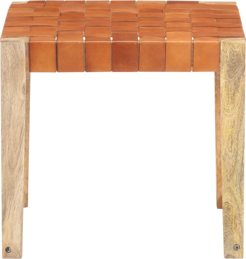 VidaXL Kruk Echt leer en massief mangohout Lichtbruin Vintage Kruk Lederen Kruk Houtkrukken Stoere Kruk Salontafel Eetkamerstoel Bruine Kruk Lounge Meubels Huiskamer Accessoires Retro Meubelen Industriële Meubels - Foto 2