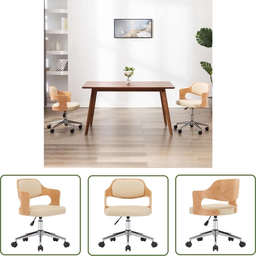 The Living Store Eetstoel Crème 47.5 x 53 cm Zacht kunstleer Stevig houten frame Eetkamerstoel Kruk Comfortabele Stoel Draaibare Stoel Creme Kleur - Foto 2
