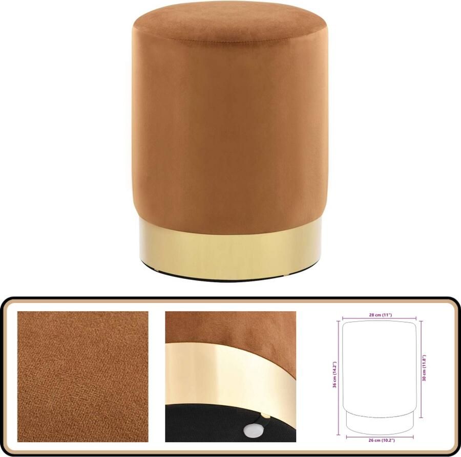 VidaXL Kruk Fluweel Bruin en Goudkleurig 28x36 cm Luxe Kruk Tonvormig Krukje Velvet Kruk Bruine Kruk Gouden Kruk
