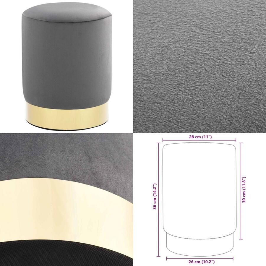 VidaXL Kruk fluweel donkergrijs en goudkleurig Kruk Krukken Voetbank Voetbanken