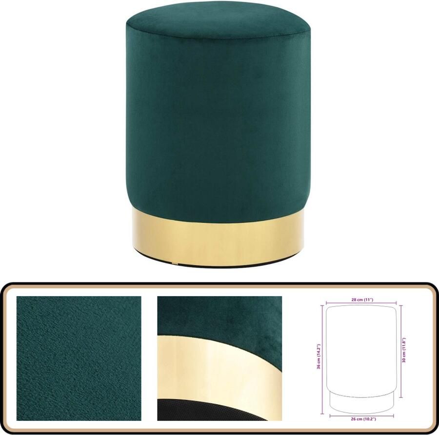 VidaXL Kruk Fluweel Donkergroen en Goudkleurig Luxe Kruk Velvet Kruk Donkere Groene Kruk Ronde Kruk Stoffen Kruk
