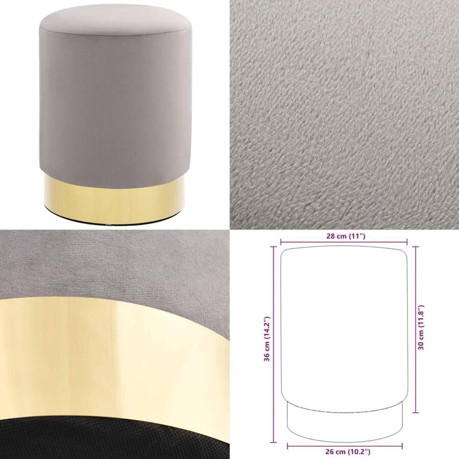 VidaXL Kruk fluweel lichtgrijs en goudkleurig Kruk Krukken Voetbank Voetbanken
