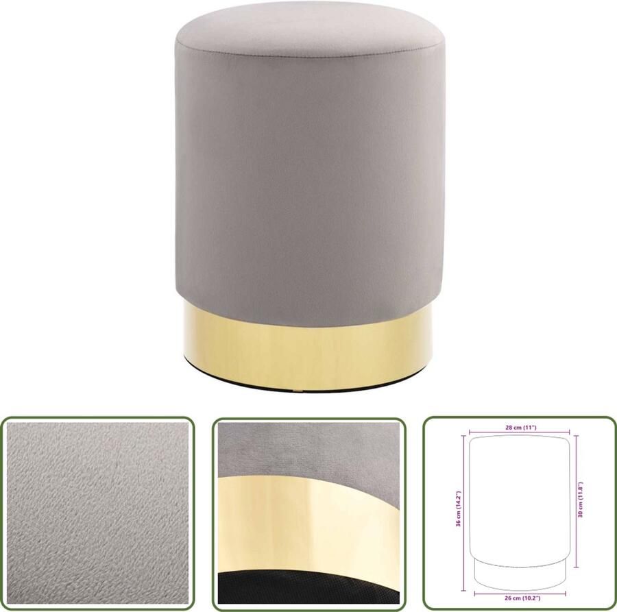 VidaXL Kruk Fluweel Lichtgrijs en Goudkleurig Krukje Stoelkruk Velvet Kruk Tonvormige Kruk Lounge Kruk Interieur Decoratie Living Room Meubels Gouden Kruk Grijze Kruk Multifunctionele Kruk Inklapbare Kruk