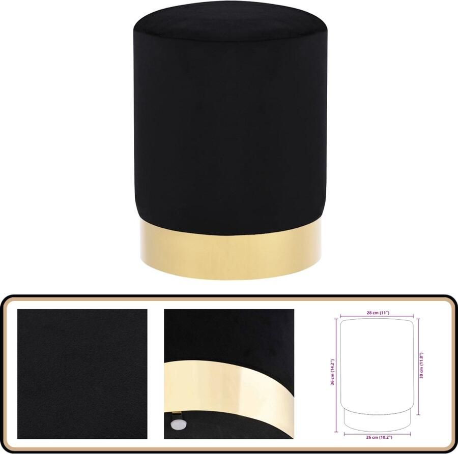 VidaXL Kruk Fluweel Zwart en Goud 28x36 cm Kruisvoet Stoel Zwarte Kruk Velvet Kruk Tonvormige Kruk Lounge Kruk