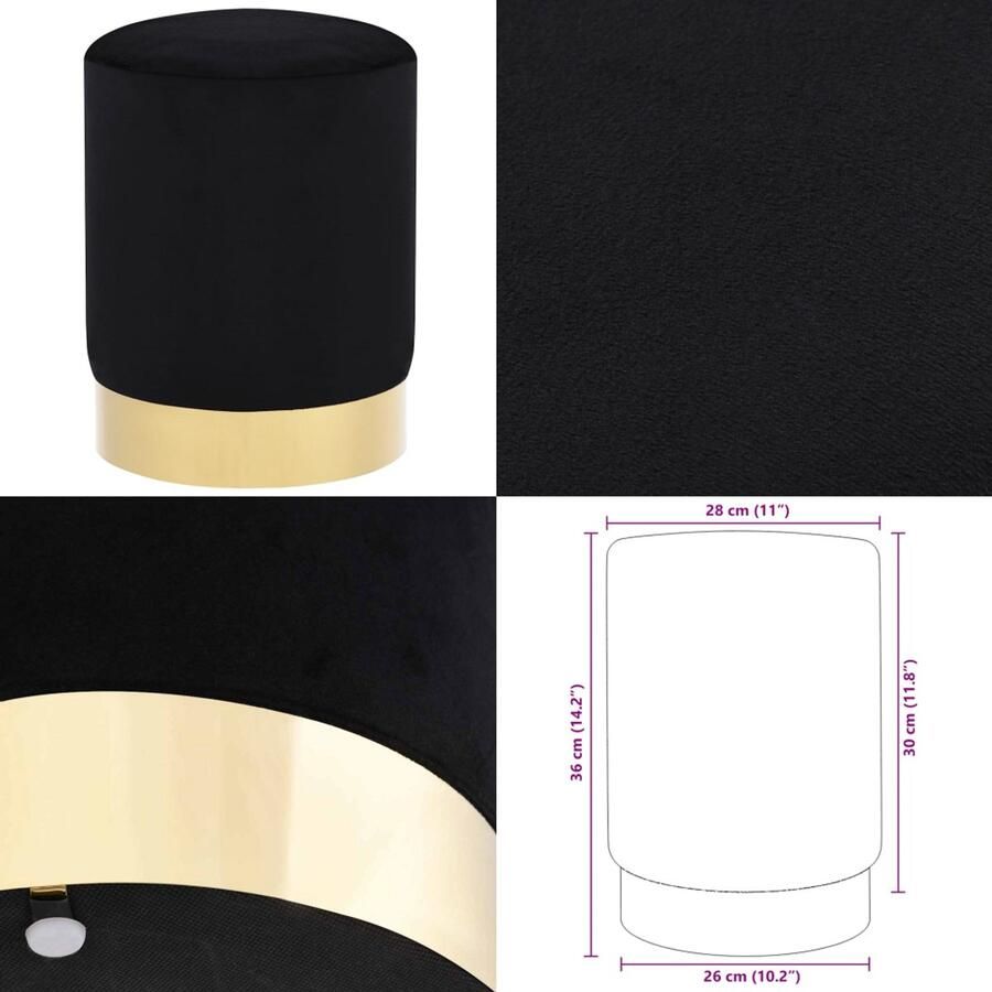 VidaXL Kruk fluweel zwart en goudkleurig Kruk Krukken Voetbank Voetbanken