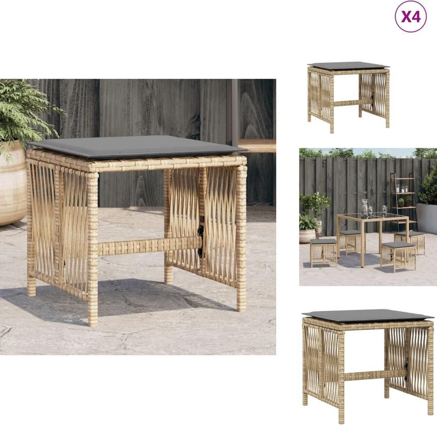 VidaXL Kruk Krukken Krukje Plantenkrukje Tuinkrukken 4 st kussens 41x41x36 cm poly rattan gemengd beige