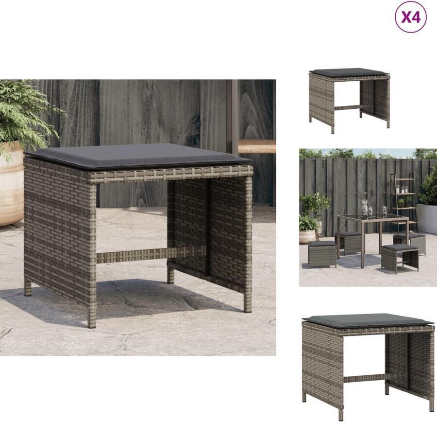 VidaXL Kruk Krukken Krukje Plantenkrukje Tuinkrukken 4 st met kussens 41x41x36 cm poly rattan grijs