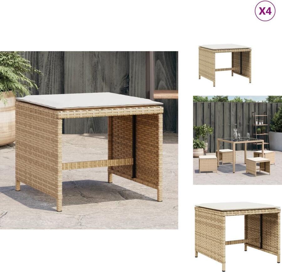 VidaXL Kruk Krukken Krukje Plantenkrukje Tuinkrukken 4 st met kussens 41x41x36 cm poly rattan beige