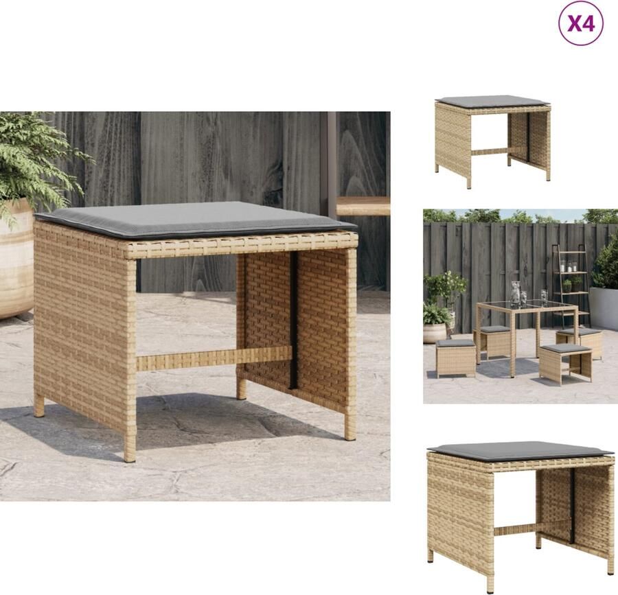 VidaXL Kruk Krukken Krukje Plantenkrukje Tuinkrukken 4 st met kussens 41x41x36 cm poly rattan beige